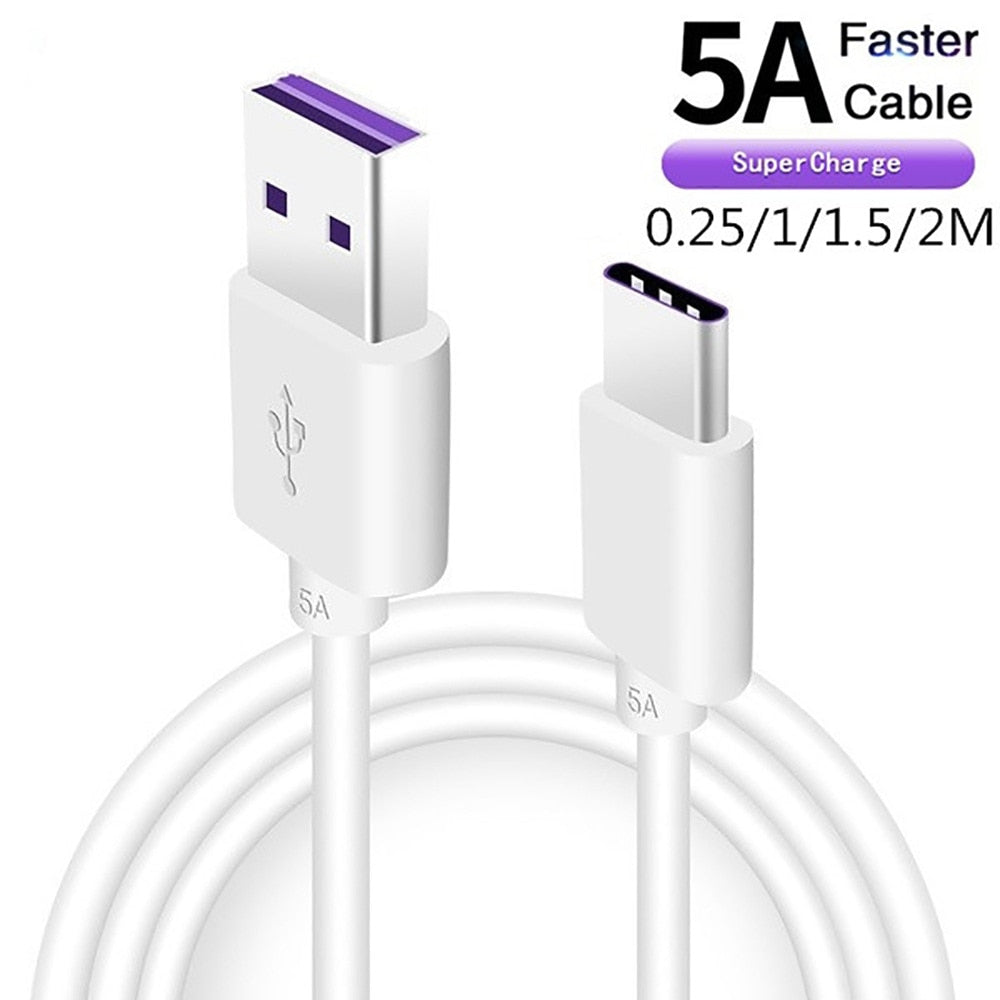 Fast Charge 5A USB Type C Cable For Samsung S20 S9 S8 Xiaomi Huawei P30 Pro Mobile Phone Charging Wire White Blcak Cable