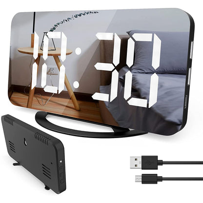 MICLOCK Digital Alarm Clock 7" Large LED Mirror Electronic Clocks with Touch Snooze Dual USB Charge Desk Wall Modern Clocks