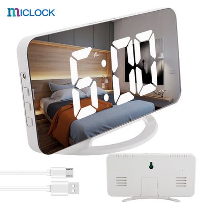 MICLOCK Digital Alarm Clock 7" Large LED Mirror Electronic Clocks with Touch Snooze Dual USB Charge Desk Wall Modern Clocks