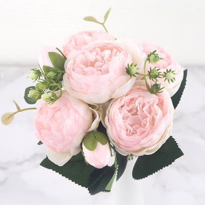 30cm Rose Pink Silk Peony Artificial Flowers Bouquet 5 Big Head and 4 Bud Cheap Fake Flowers for Home Wedding Decoration indoor