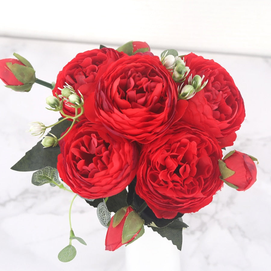 30cm Rose Pink Silk Peony Artificial Flowers Bouquet 5 Big Head and 4 Bud Cheap Fake Flowers for Home Wedding Decoration indoor