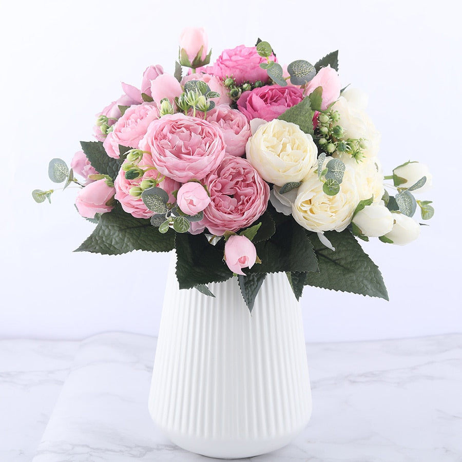 30cm Rose Pink Silk Peony Artificial Flowers Bouquet 5 Big Head and 4 Bud Cheap Fake Flowers for Home Wedding Decoration indoor