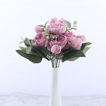 30cm Rose Pink Silk Peony Artificial Flowers Bouquet 5 Big Head and 4 Bud Cheap Fake Flowers for Home Wedding Decoration indoor