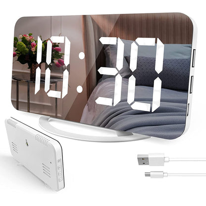 MICLOCK Digital Alarm Clock 7" Large LED Mirror Electronic Clocks with Touch Snooze Dual USB Charge Desk Wall Modern Clocks