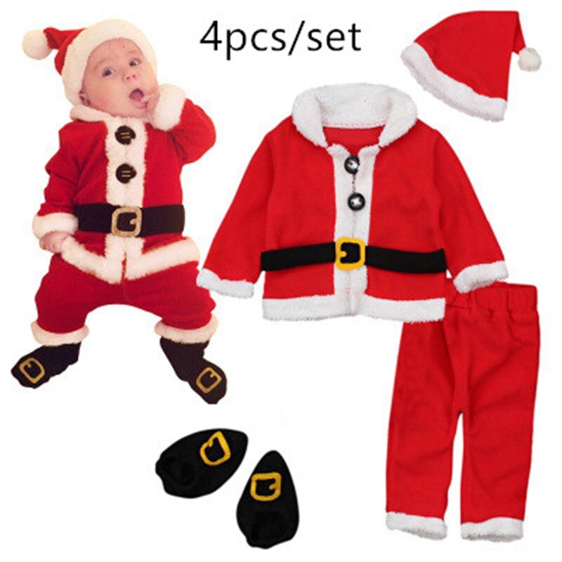 Infant Kids Santa Claus Costume  Long Sleeve Tops+Pants+Hat+Socking  High Quality 4PCS Christmas Costume Baby Boy Baby Girl Set