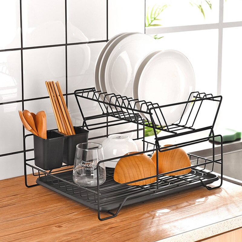 Double Rows Stainless Steel Dishes Drying Rack With Drain Board For Kitchen Counter Dishes Rack With Utensil Holder