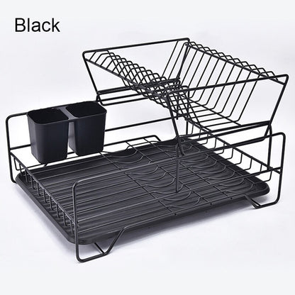 Double Rows Stainless Steel Dishes Drying Rack With Drain Board For Kitchen Counter Dishes Rack With Utensil Holder