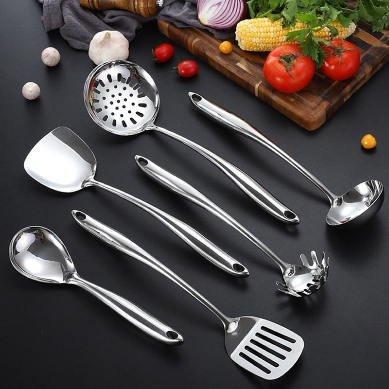 Kitchen Utensil Set - 6 Piece Stainless Steel Cooking Utensils With Rotating Holder Organizer (7PCS)