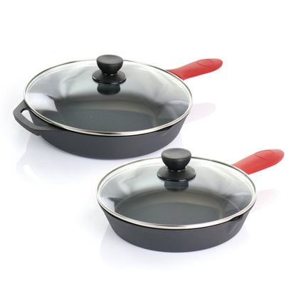 Pre-Seasoned 6 Piece Cast Iron Skillet Set with Lids and Red Silicone Holders kitchen utensils free shipping