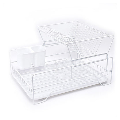 Double Rows Stainless Steel Dishes Drying Rack With Drain Board For Kitchen Counter Dishes Rack With Utensil Holder