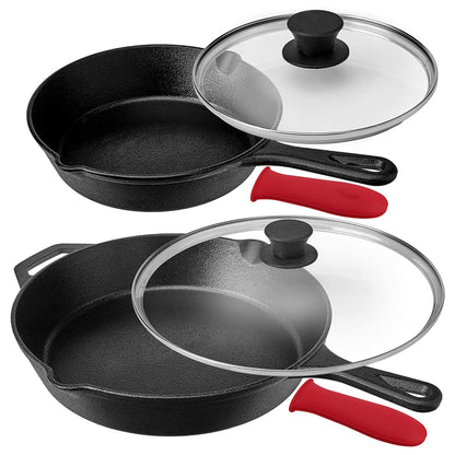 Pre-Seasoned 6 Piece Cast Iron Skillet Set with Lids and Red Silicone Holders kitchen utensils free shipping