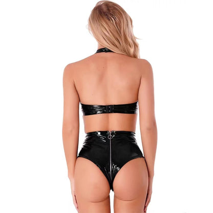 Women Shiny Leather Sheath Camisole Hot Breast Exposed Erotic Below Zipper Open Crotch Underwear Wetlook Latex Bag Hip Pants