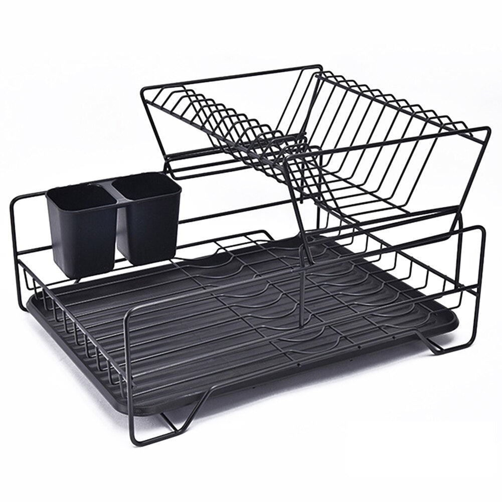 Double Rows Stainless Steel Dishes Drying Rack With Drain Board For Kitchen Counter Dishes Rack With Utensil Holder