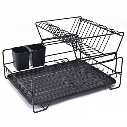 Double Rows Stainless Steel Dishes Drying Rack With Drain Board For Kitchen Counter Dishes Rack With Utensil Holder